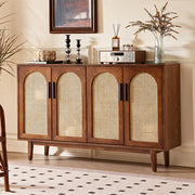 59'' Mid-Century Modern Rattan Door Sideboard Cabinet Solid Wood Buffet Storage Console for Dining Room & Living Room